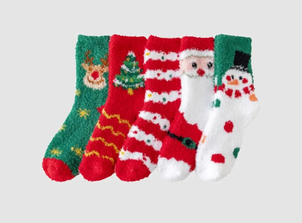 FitVille Damen Fuzzy Weihnachten Socken - 5 - Pack - 1